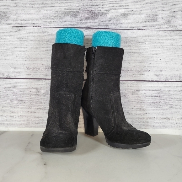 ana Black Suede Block Heeled Booties Sz 7 - Picture 1 of 10